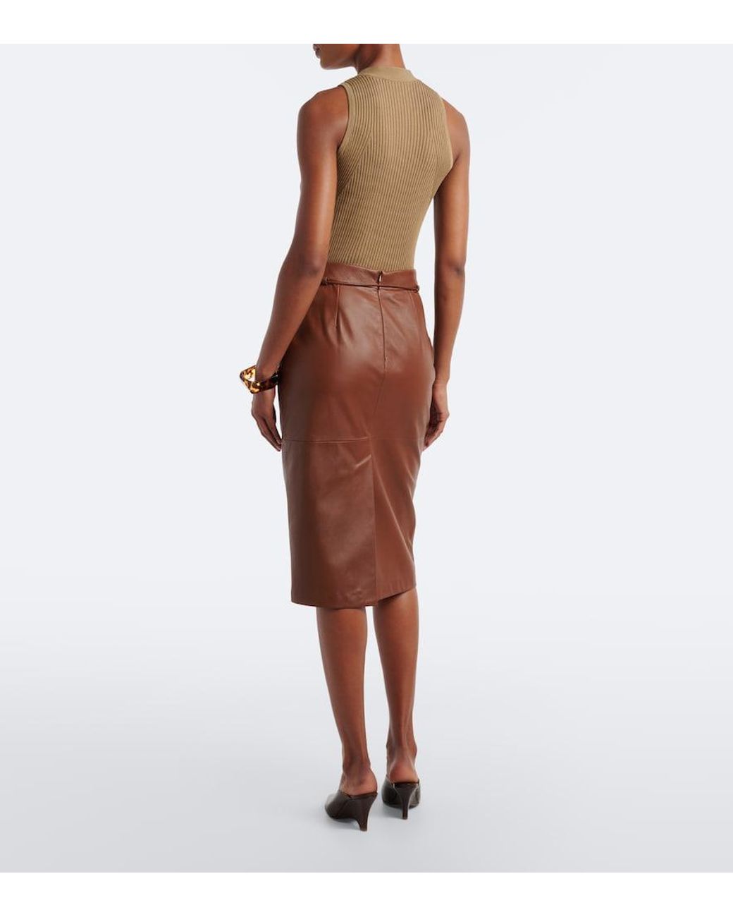 Max Mara Brown Leather Midi Skirt