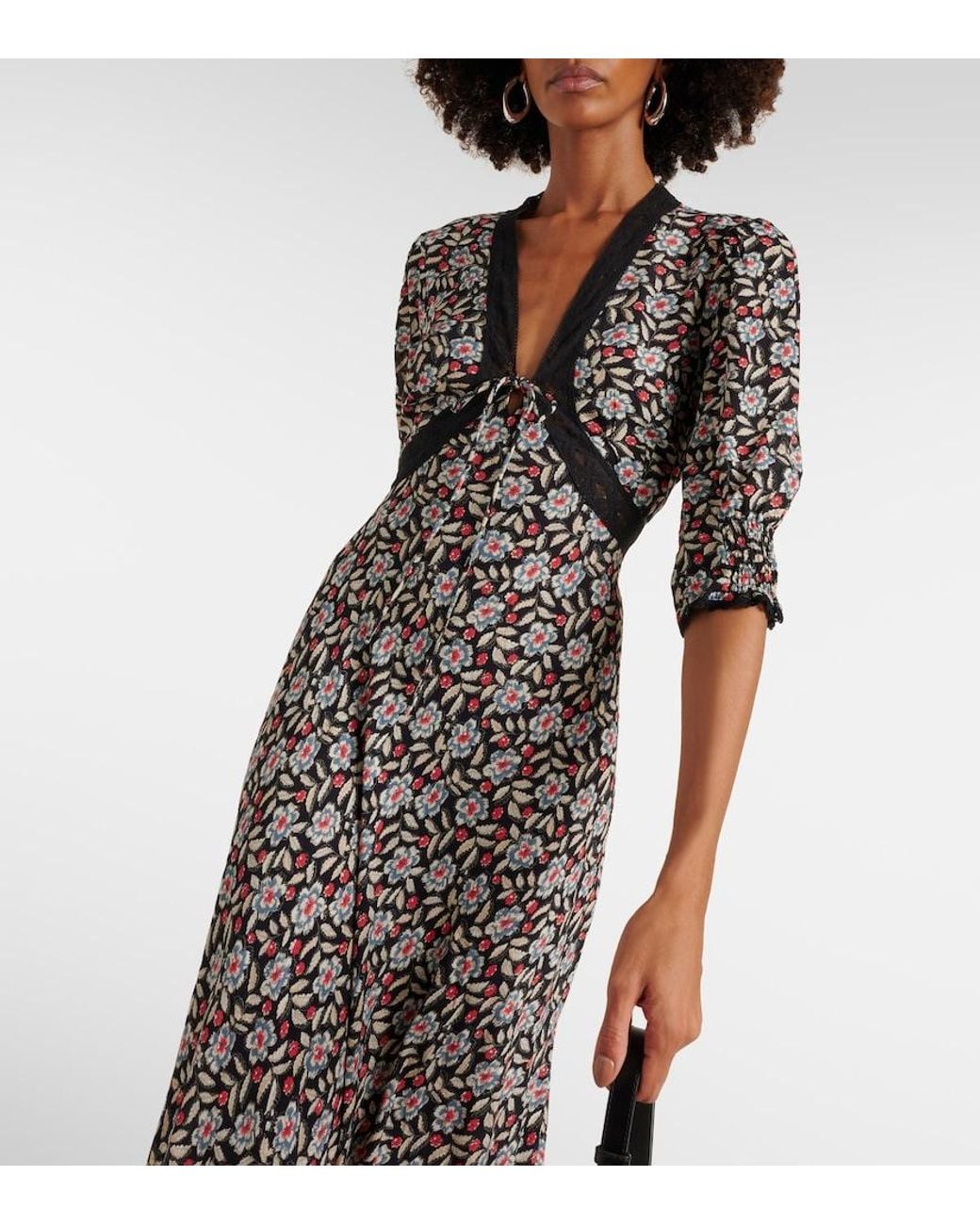 Rixo Black Women's Amina Carnation Slate Crepe Midi Dress 14
