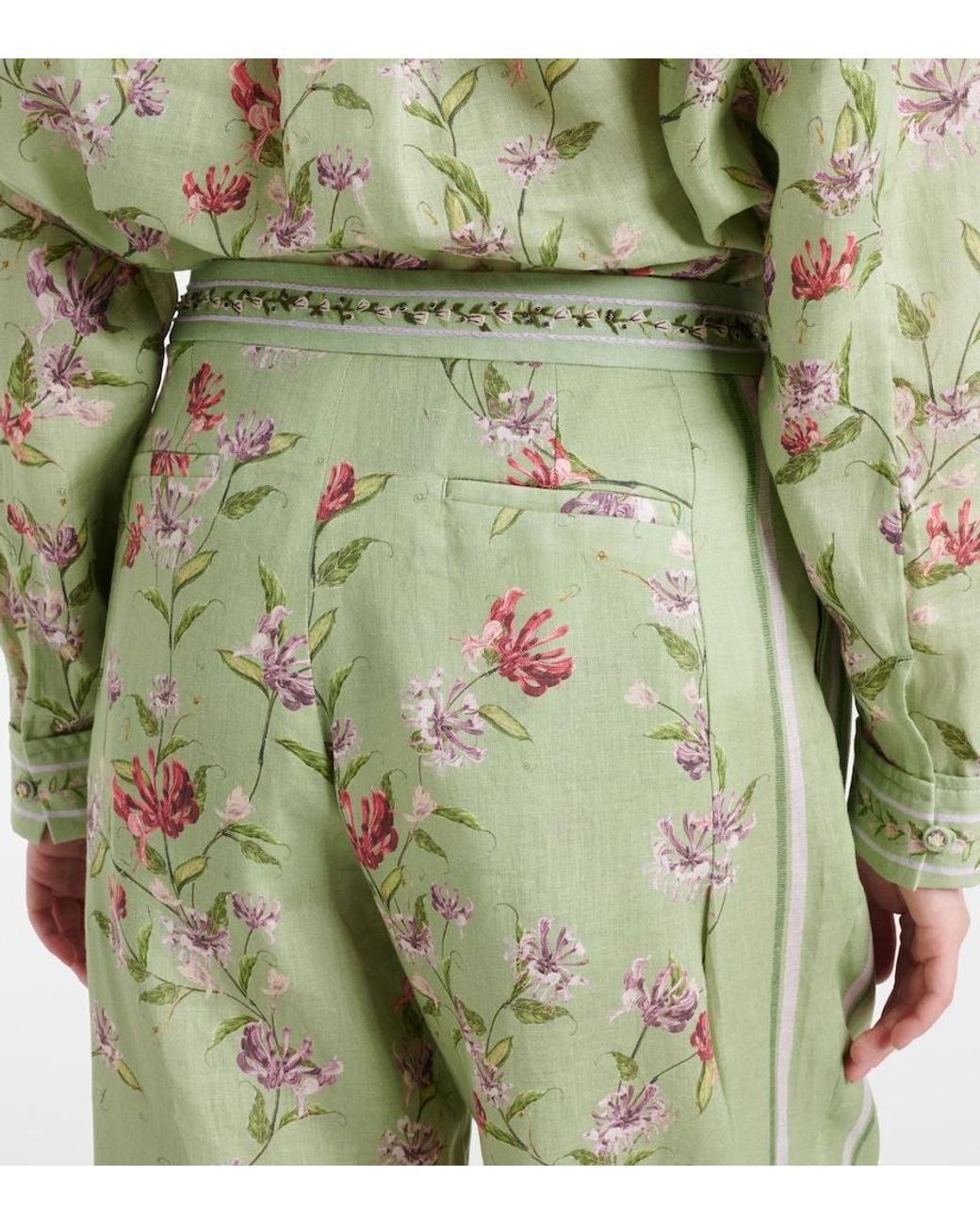 Agua Bendita Green Florecer Honeysuckle Linen Wide-Leg Pants