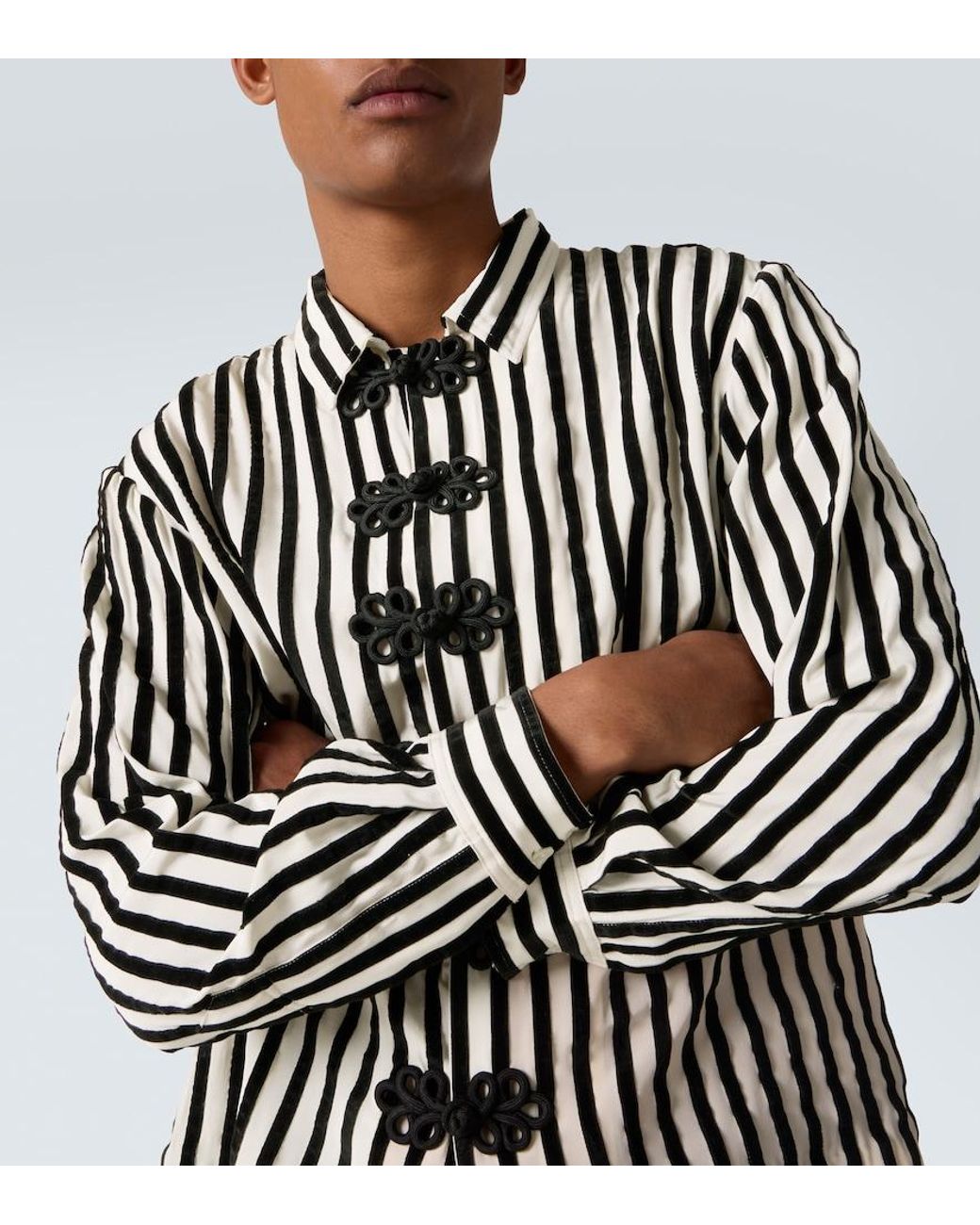 Bode Black Striped Velvet-Trimmed Silk Shirt for men
