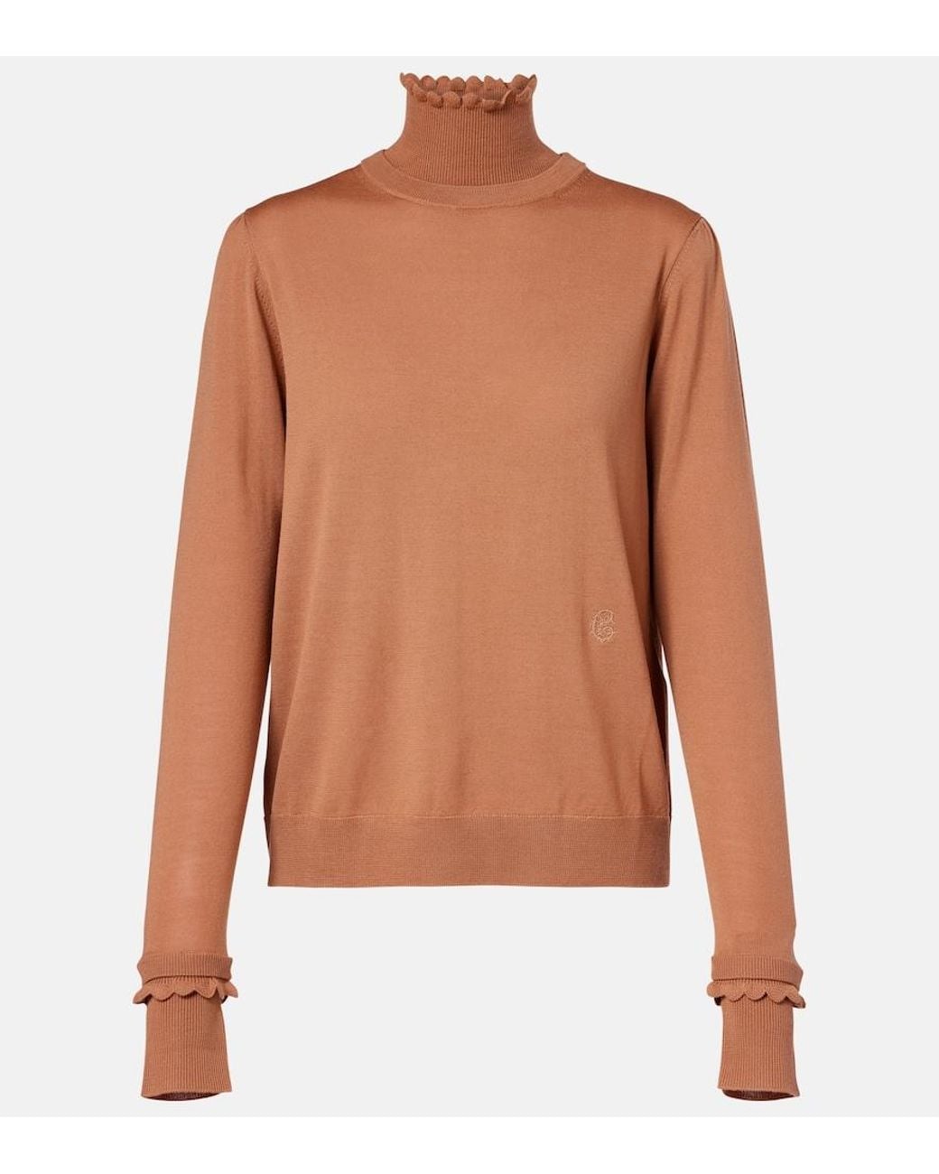 Chloé Brown Ruffled Wool Turtleneck Sweater