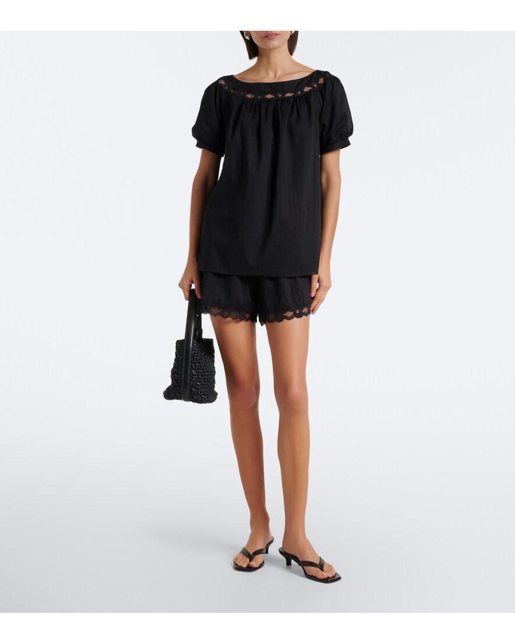 Posse Black Marilyn Lace-Trimmed Cotton Shorts