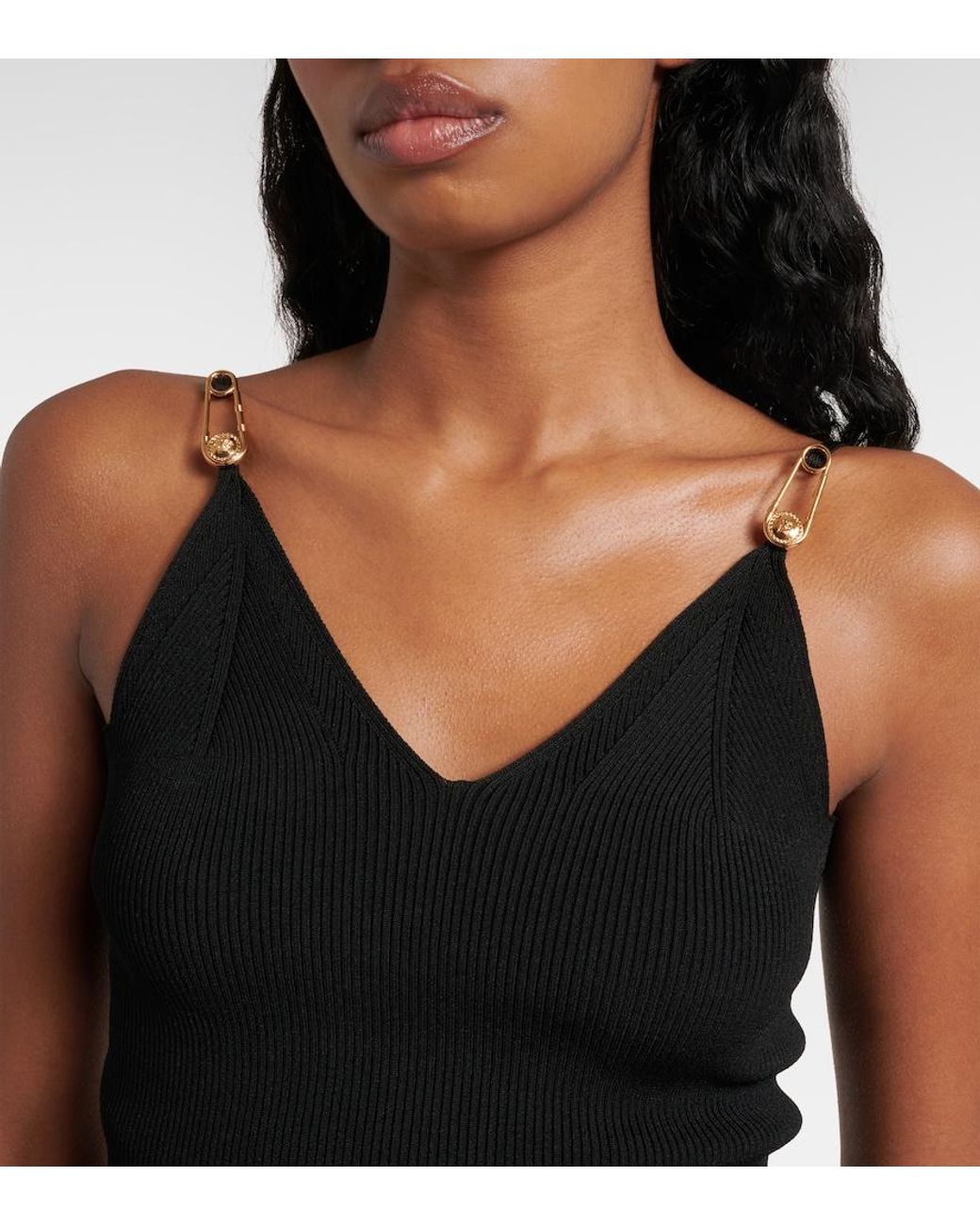 Versace Black Ribbed Crop Top With-Tone Hardware Accents