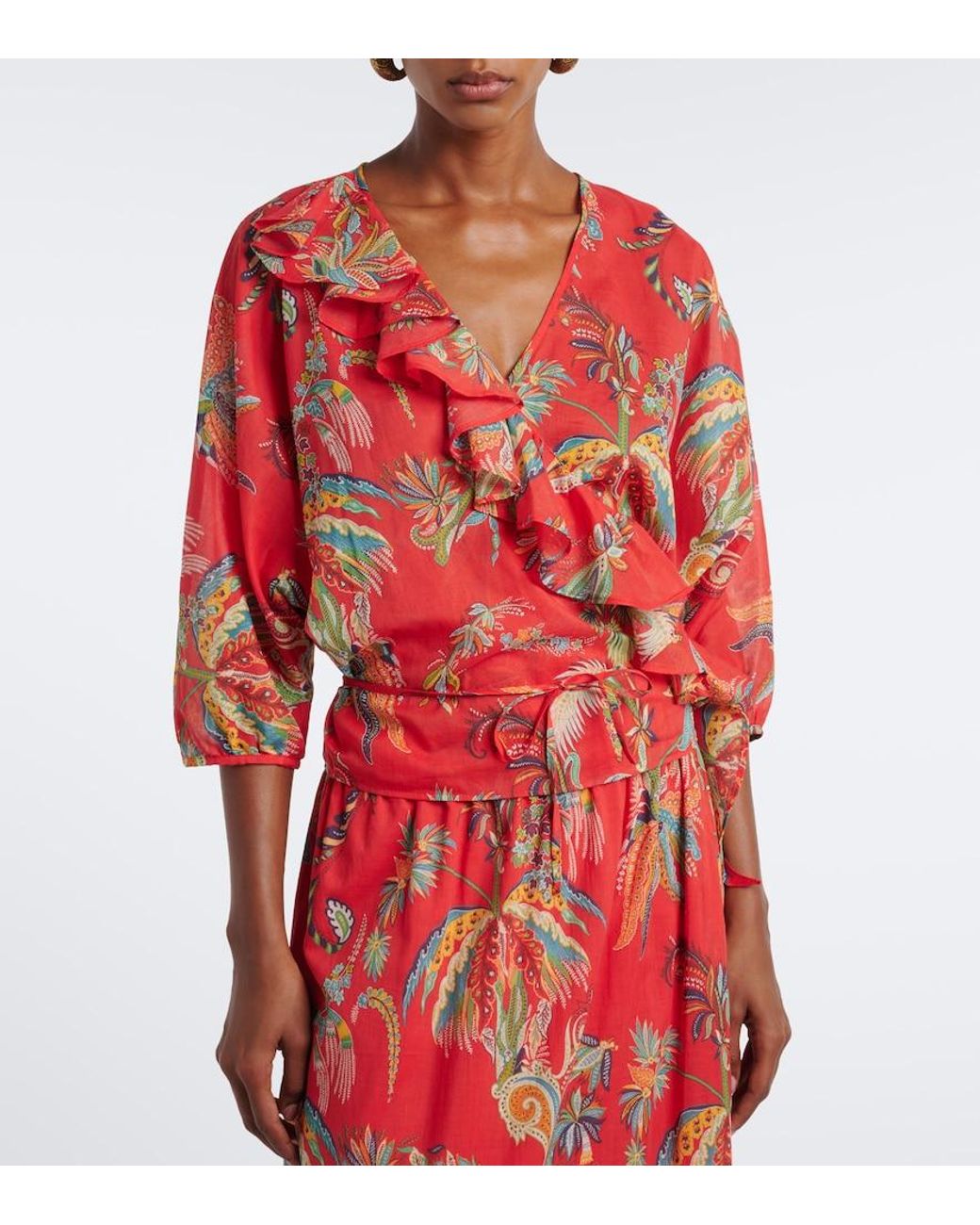 Etro Red Floral Cotton Wrap Top