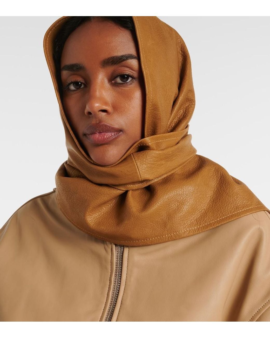 Nour Hammour Brown Draped Leather Hood