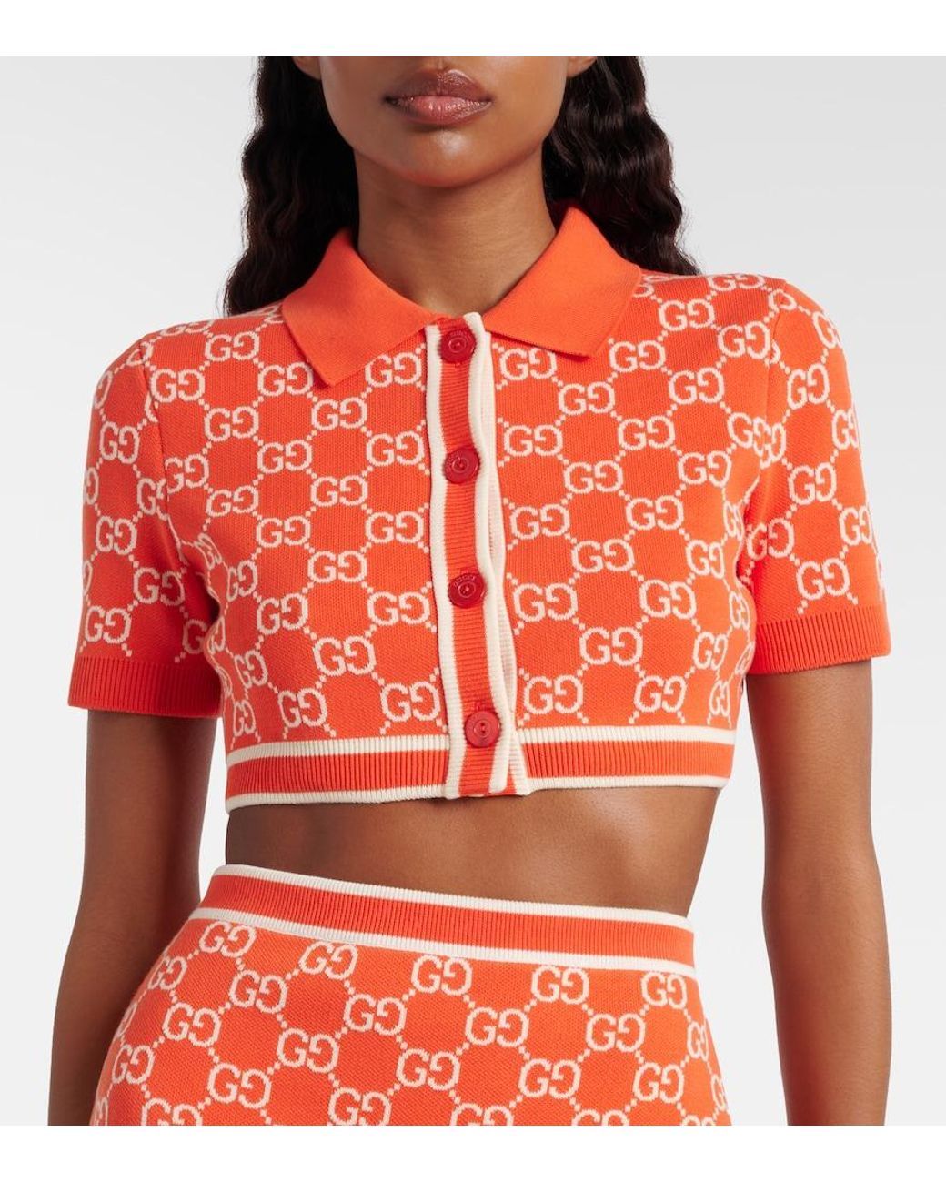 Gucci Orange Gg Cropped Cotton Jacquard Cardigan