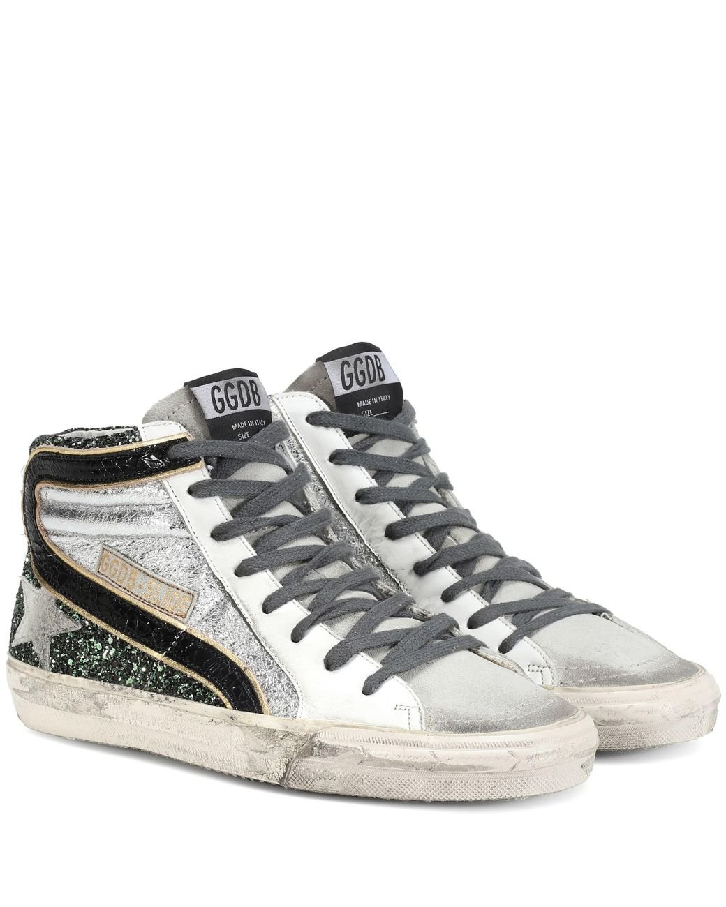 Golden Goose Slide Glitter And Leather Sneakers in Metallic | Lyst