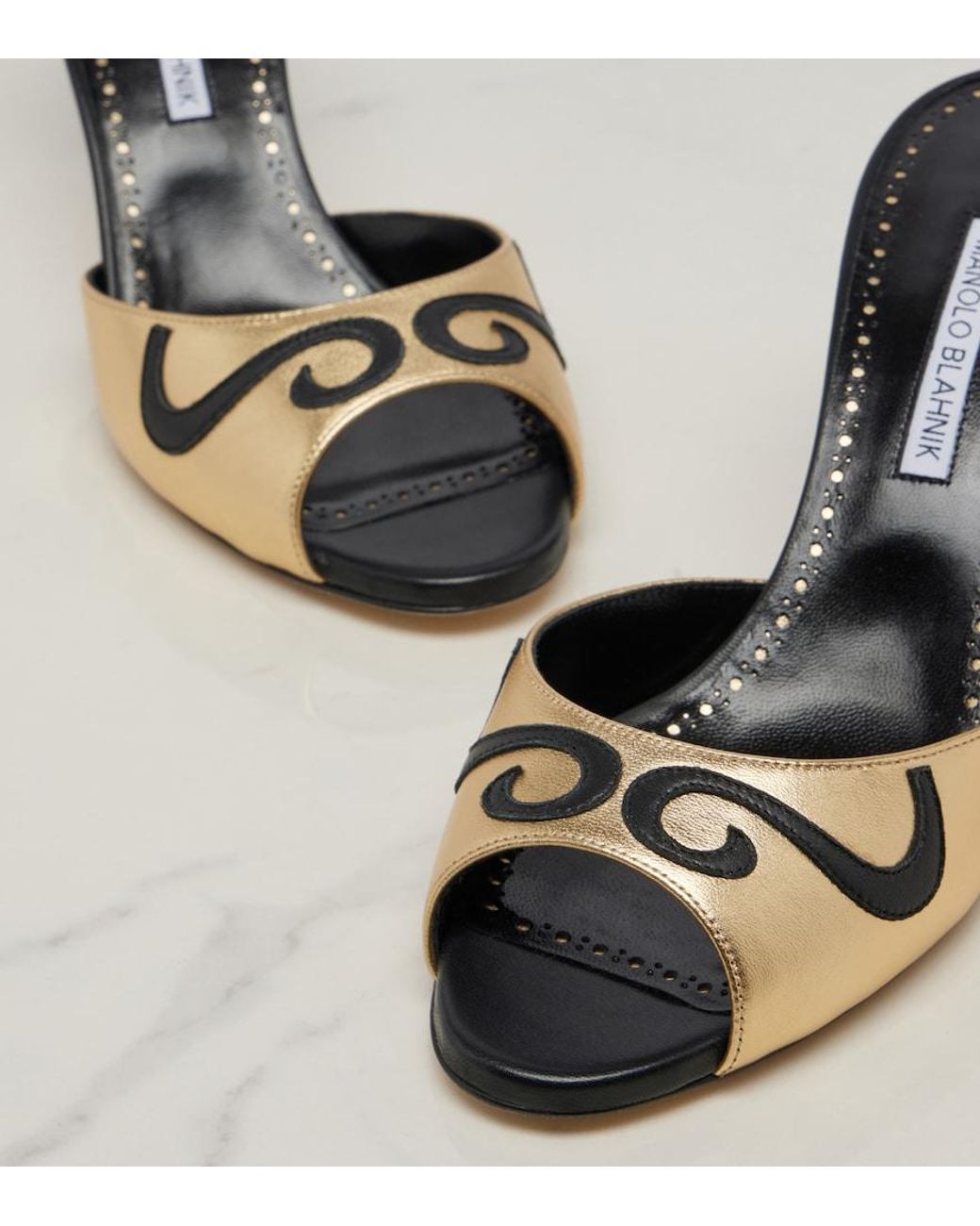 Manolo Blahnik Pintonamu Embroidered Metallic Leather Mules