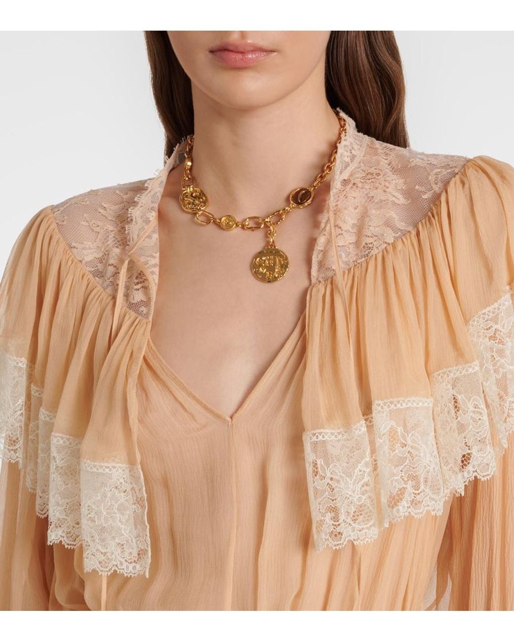 Chloé White Lace-Trimmed Silk Blouse