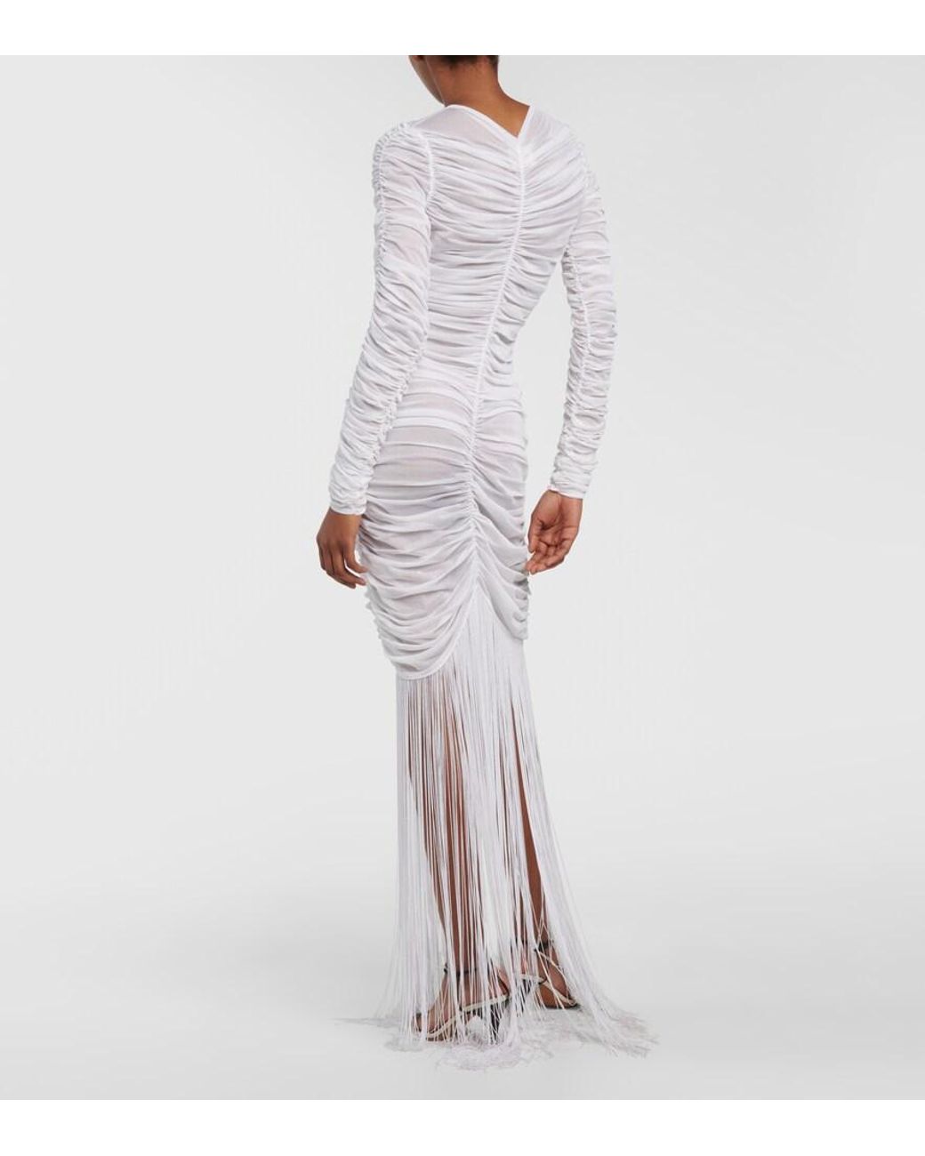 Khaite White Guisa Fringed Shirred Silk-Blend Gown