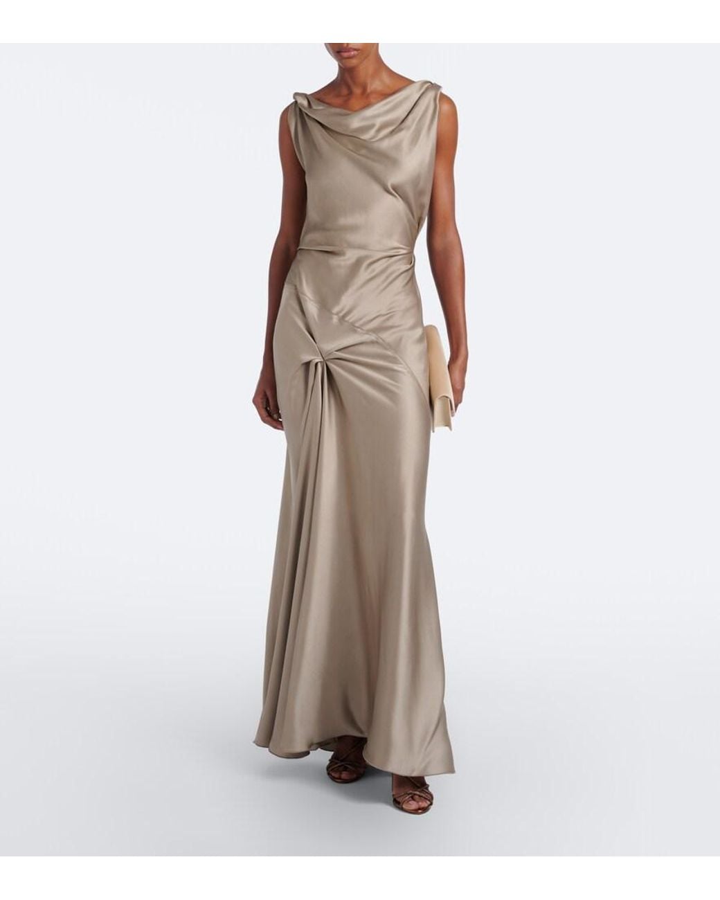 Victoria Beckham Natural Posy Asymmetric Crepe Satin Gown