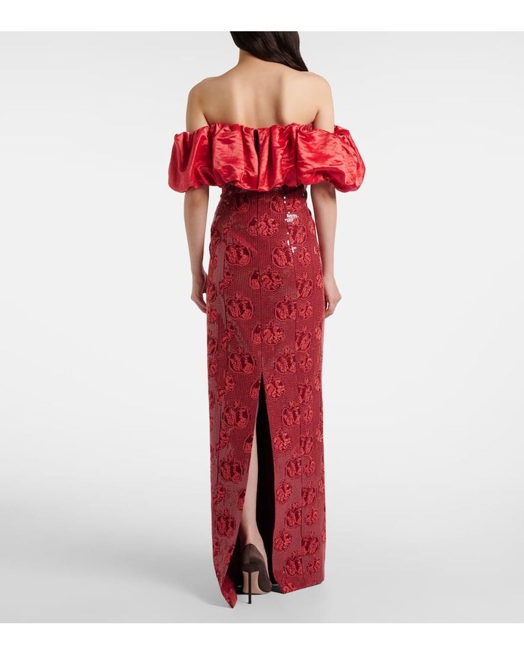 Markarian Red Rowan Sequined Off-Shoulder Bustier Gown