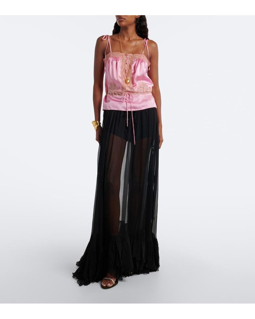Chloé Black Ruffled Sheer Silk Maxi Skirt