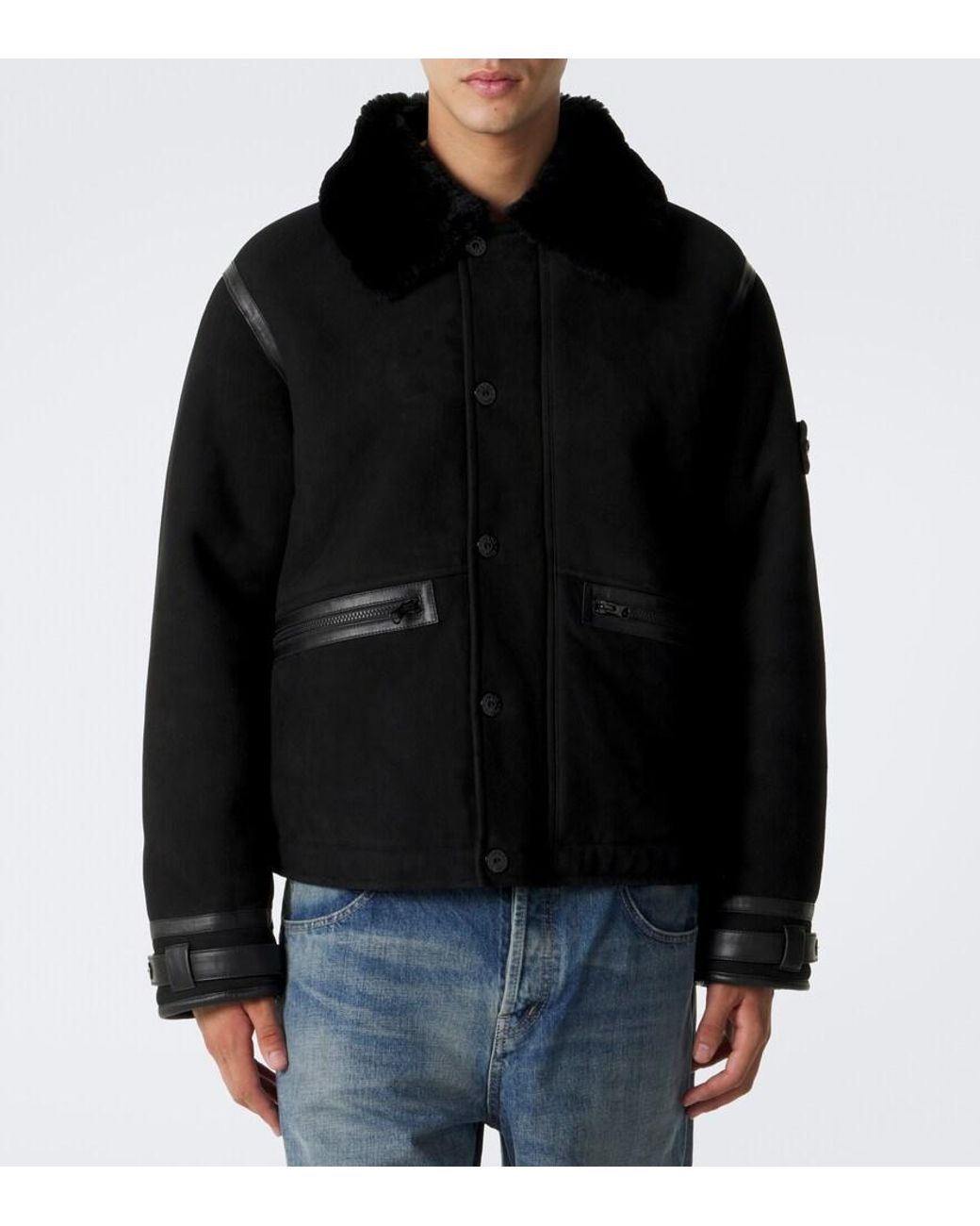 Stone Island Black Ghost Shearling-Trimmed Suede Jacket for men