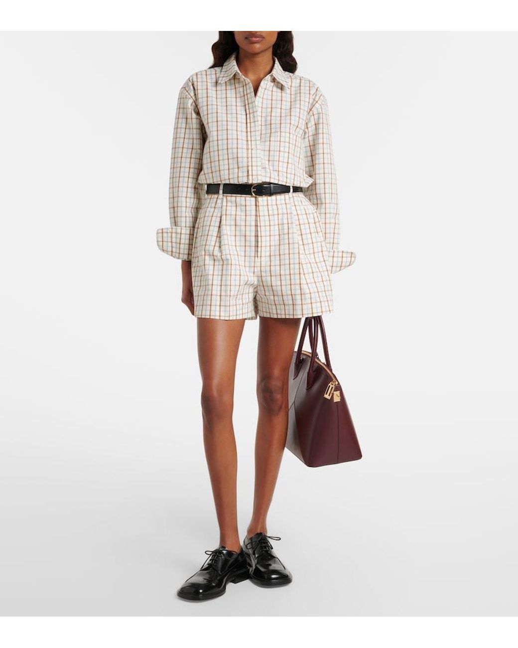 Victoria Beckham Natural Checked Pleated Cotton Shorts