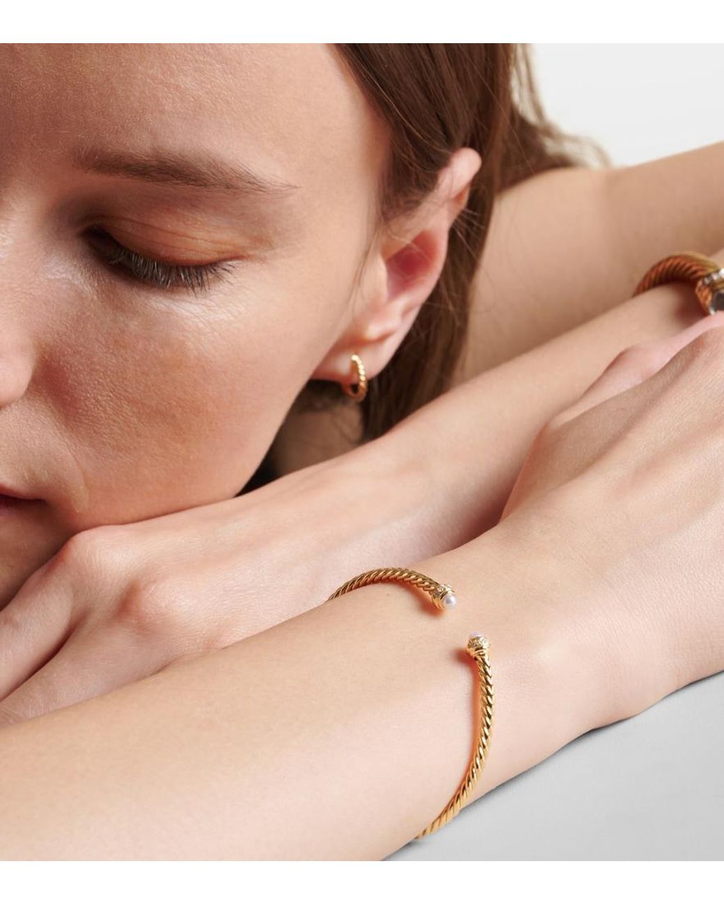 David Yurman Metallic Cablespira Flex 18Kt Cuff Bracelet With Freshwater Pearls And Diamonds