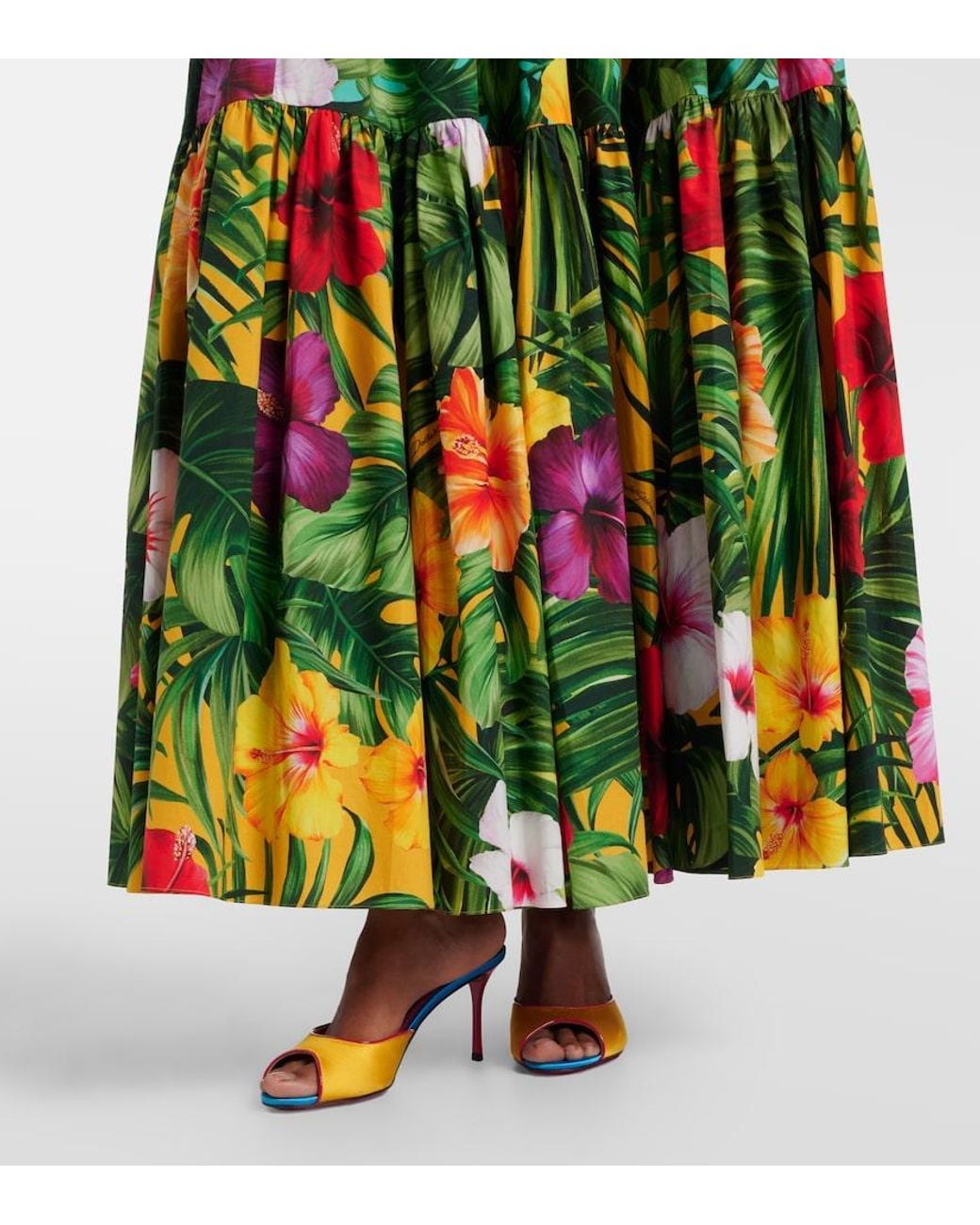 Dolce & Gabbana Green Floral Tiered Cotton Maxi Skirt
