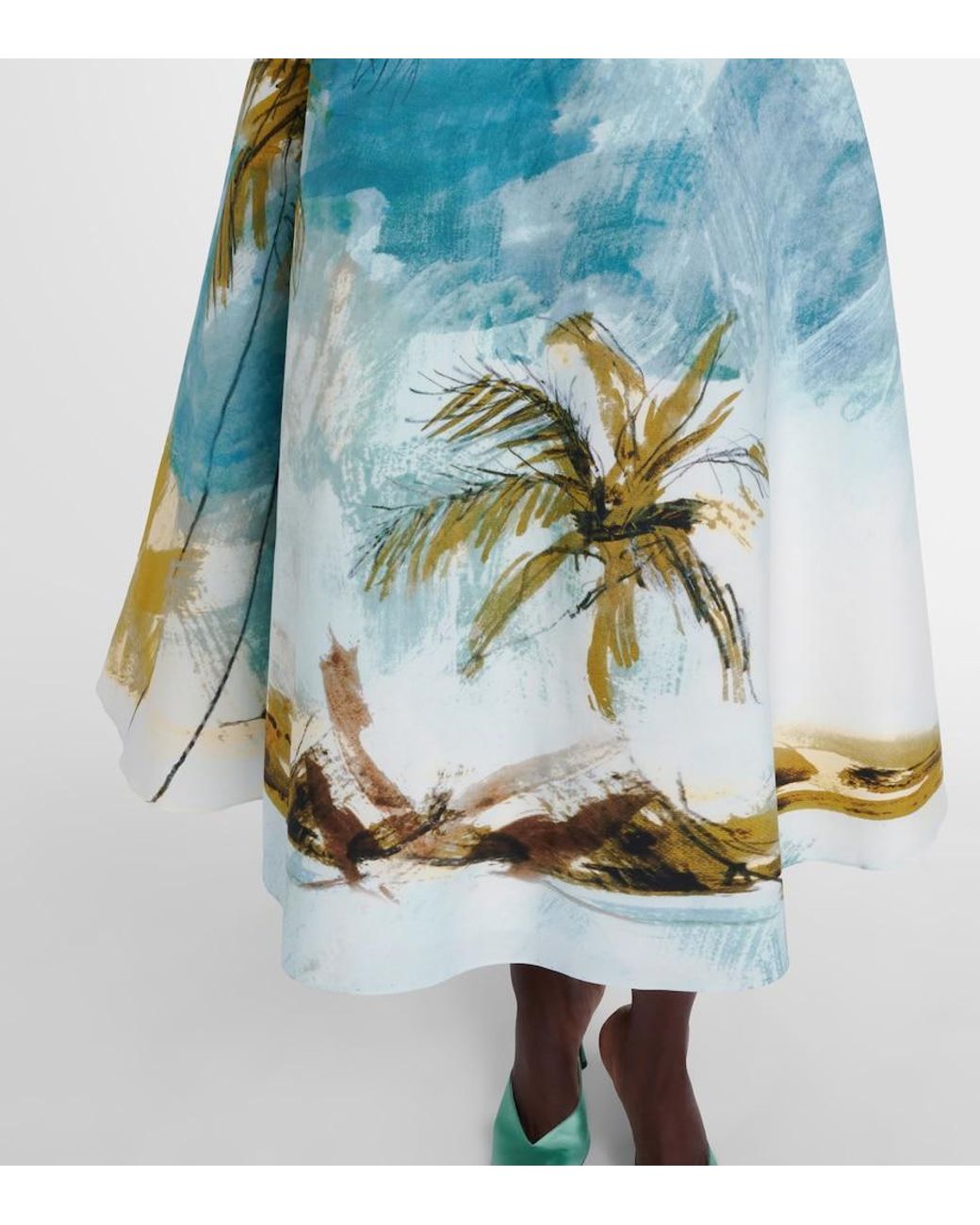 Oscar de la Renta Blue Printed Cotton-Blend Poplin Midi Skirt