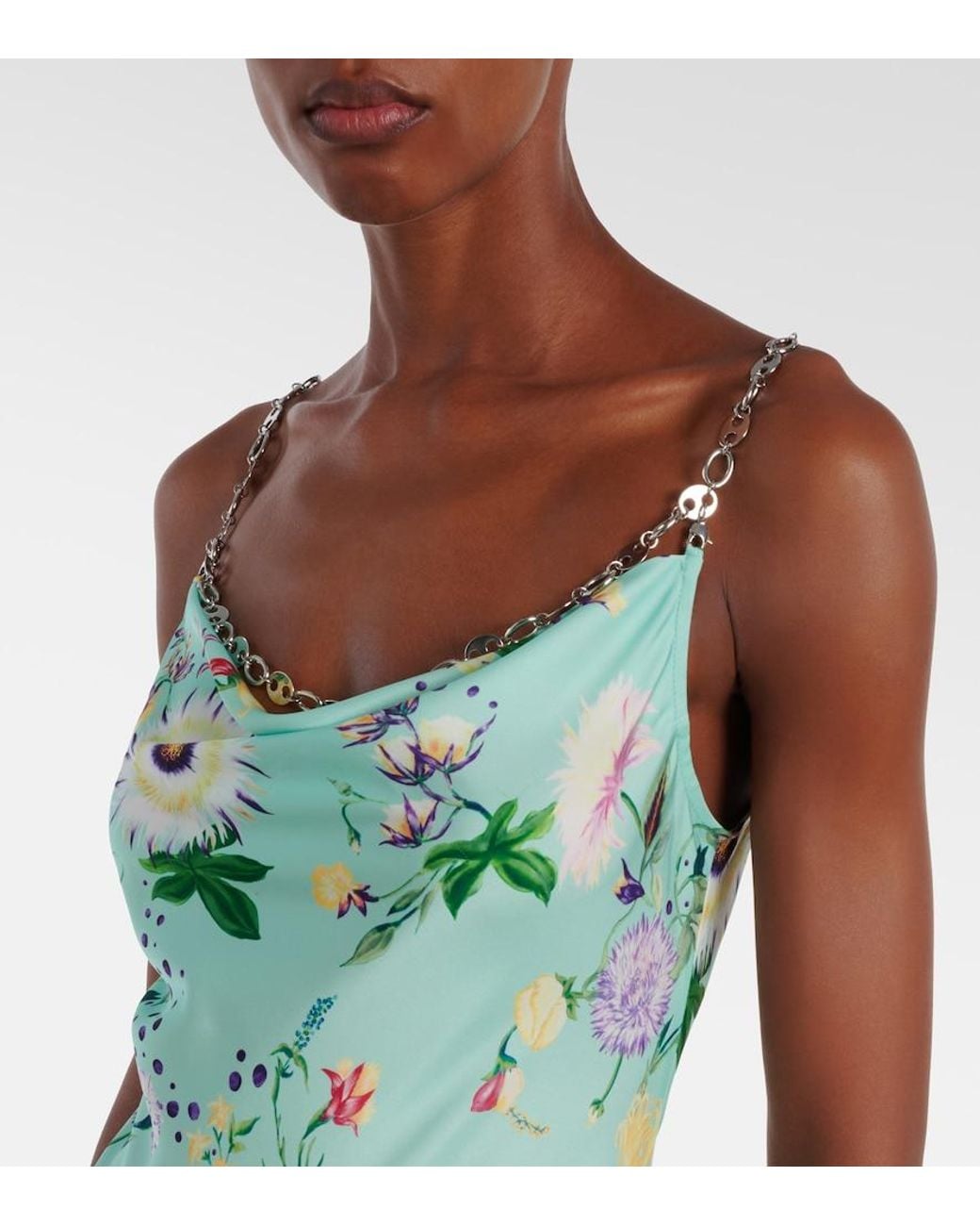Rabanne Green Chain-Detail Floral Maxi Dress