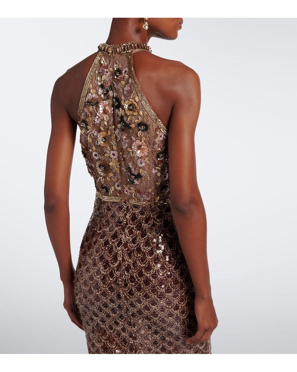 La Fuori Brown Scales Of Embellished Halterneck Gown