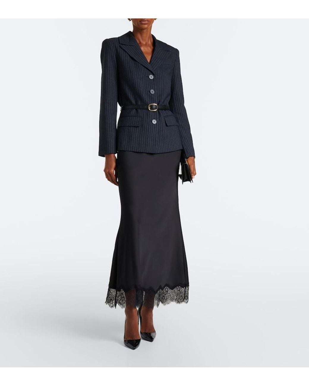 Self-Portrait Black Lace-Trimmed Belted Blazer Dress