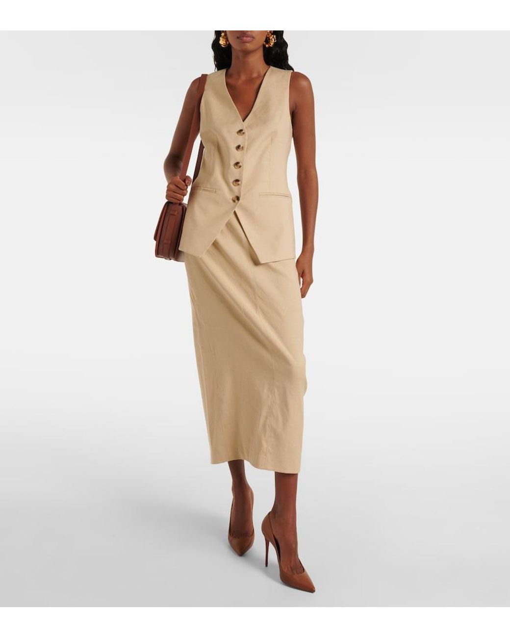 Veronica Beard Natural Kimpton Linen-Blend Midi Skirt