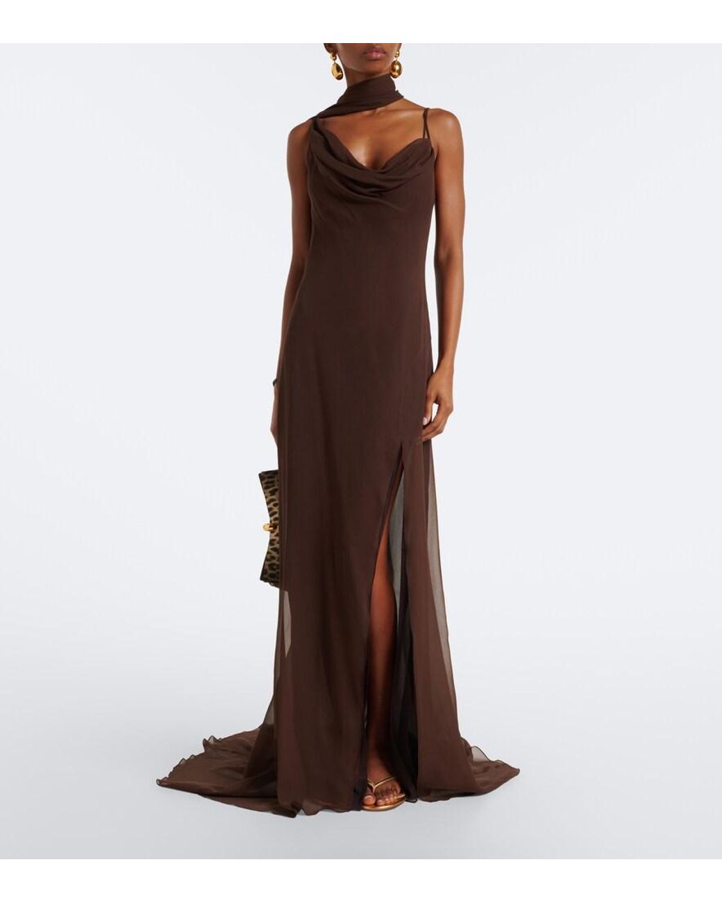 Blumarine Brown Scarf-Detail Draped Gown