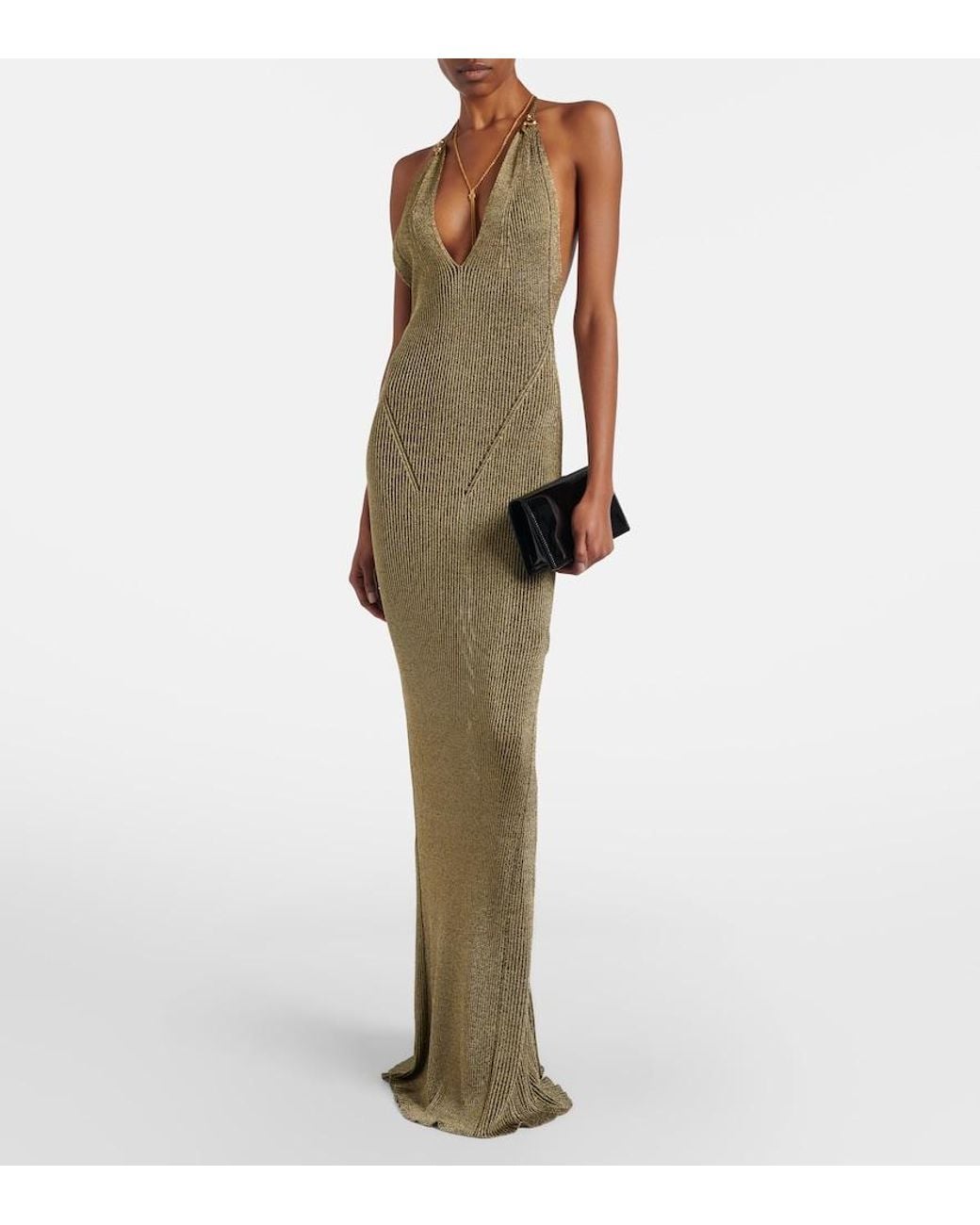 Roberto Cavalli Natural Ribbed-Knit Lame Maxi Dress