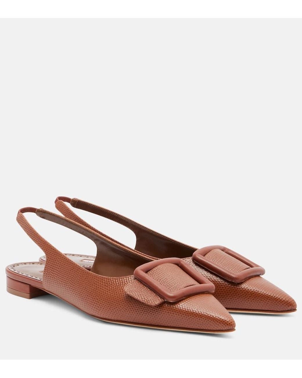 Manolo Blahnik Brown Maylura Croc-Effect Leather Slingback Flats