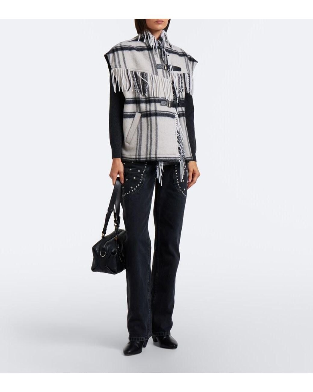 Isabel Marant White Ginesa Checked Fringed Wool-Blend Vest