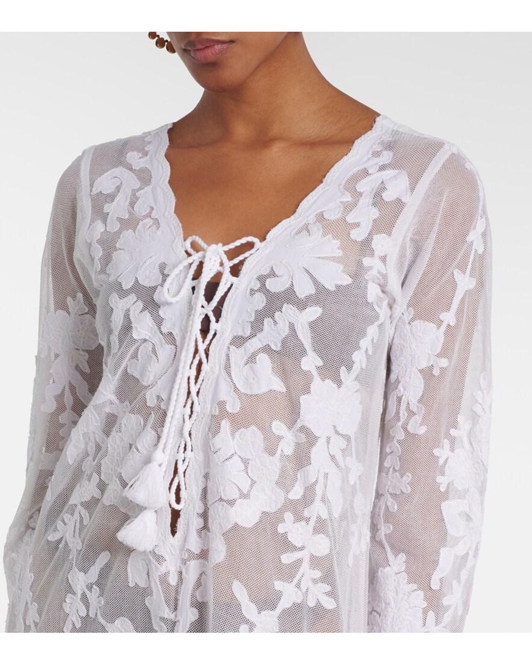 Juliet Dunn White Embroidered Sheer Cotton Kaftan