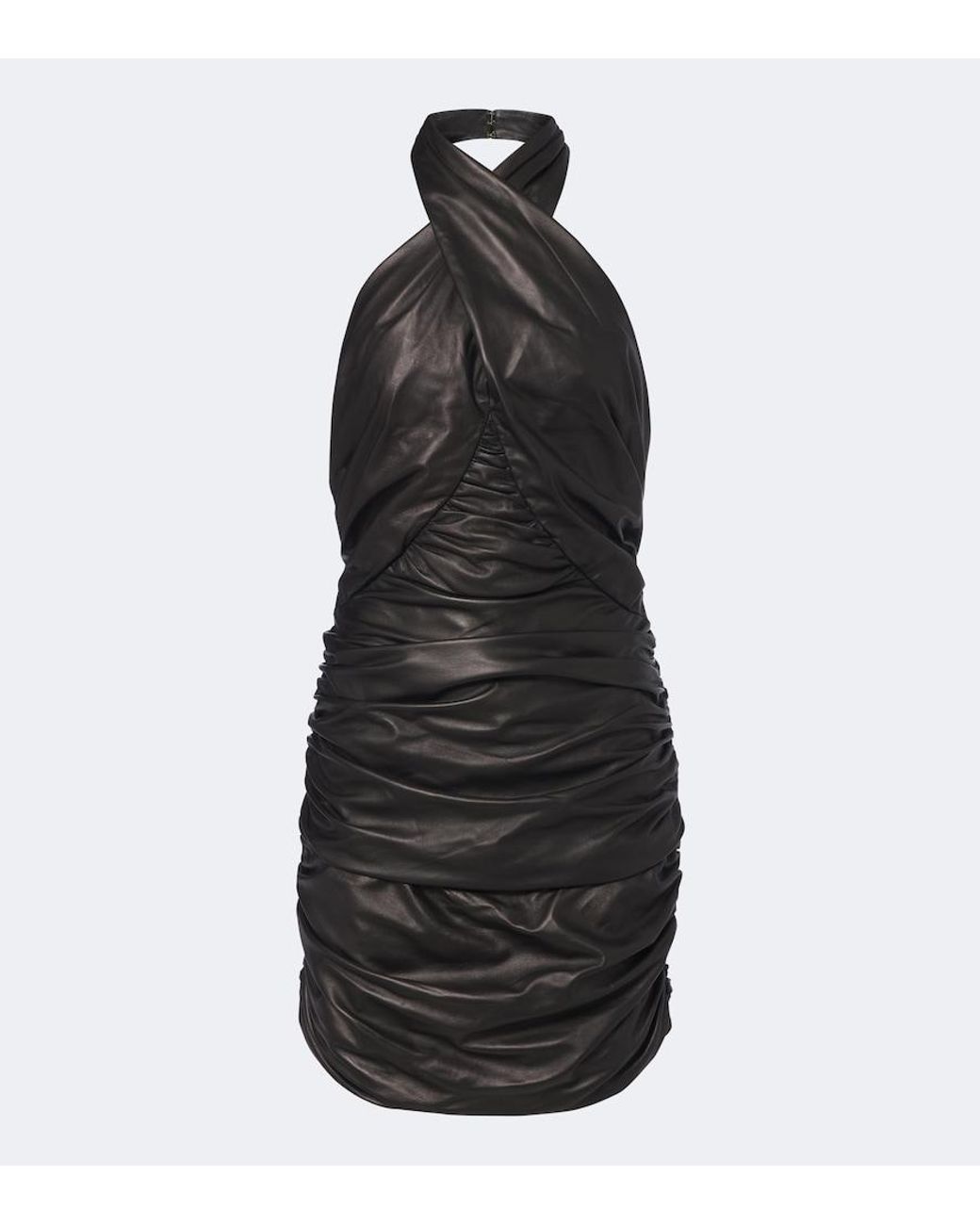 Balmain Black Ruched Leather Minidress