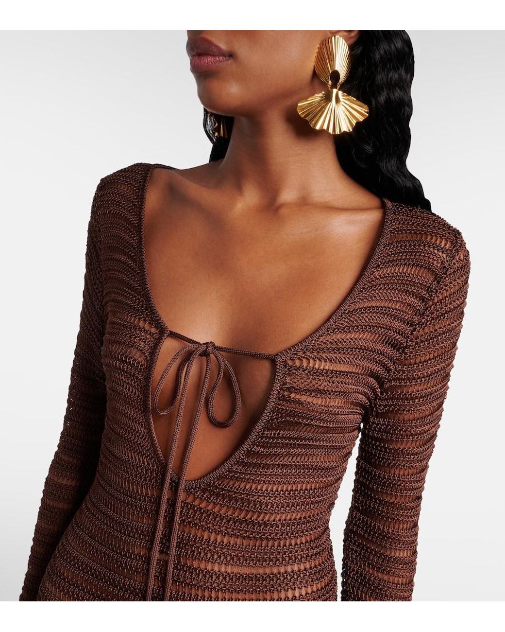 AYA MUSE Brown Open-Knit Maxi Dress