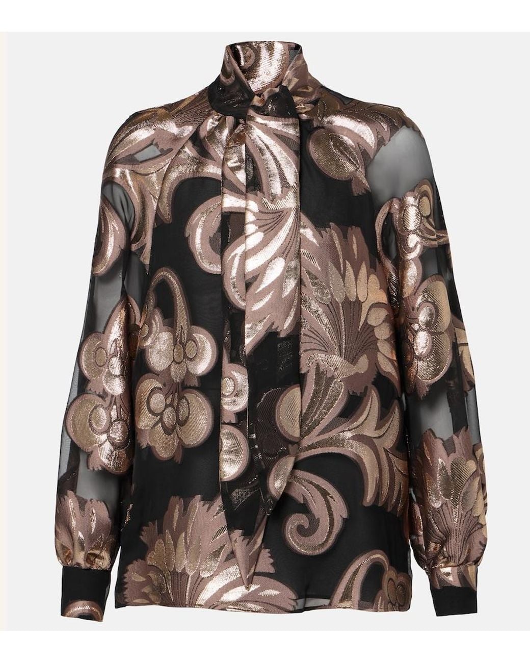 Etro Brown Semi-Sheer Tie-Neck Lame Blouse