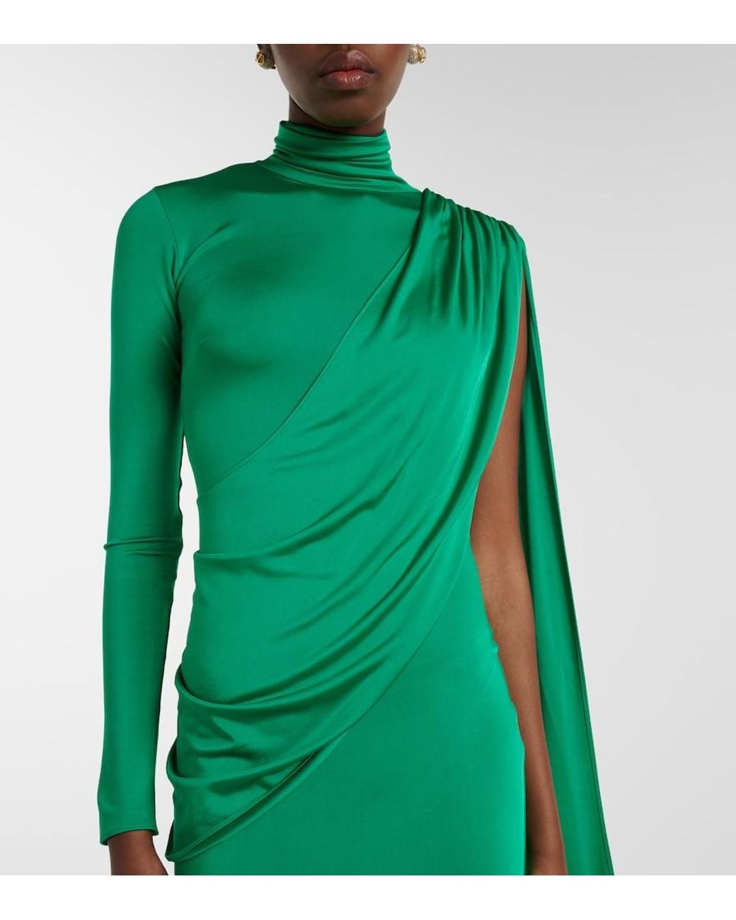 The New Arrivals Ilkyaz Ozel Green Aya Caped Satin Gown