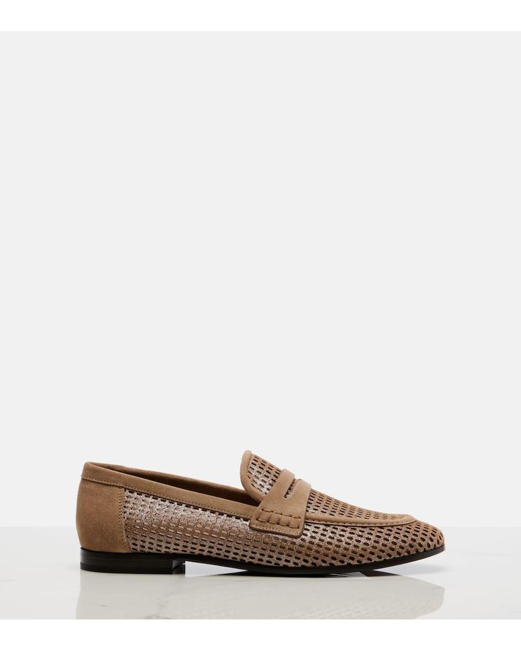 Brunello Cucinelli Brown Perforated Suede-Trimmed Leather Penny Loafers