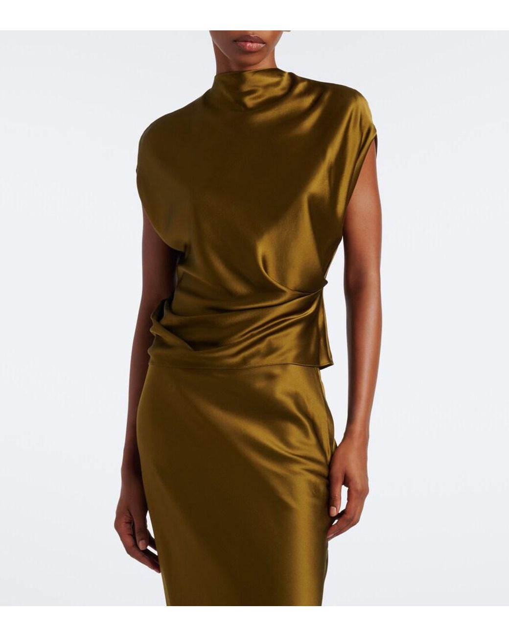 The Sei Green Draped Silk Satin Top