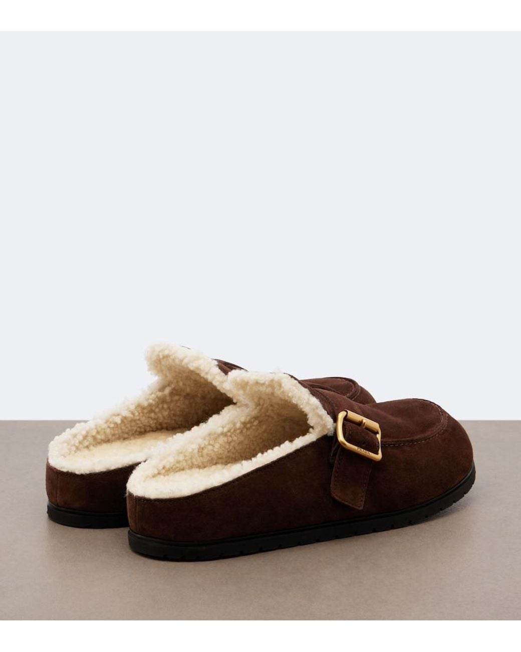 Prada Brown Shearling-Lined Suede Mules