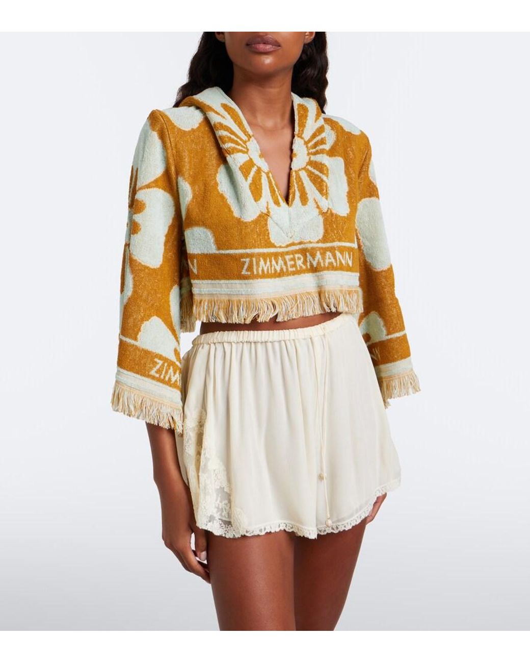 Zimmermann Metallic Fairlight Floral Cropped Terry Hoodie