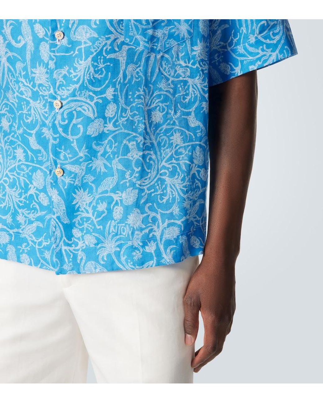 Kiton Blue Printed Linen Bowling Shirt for men