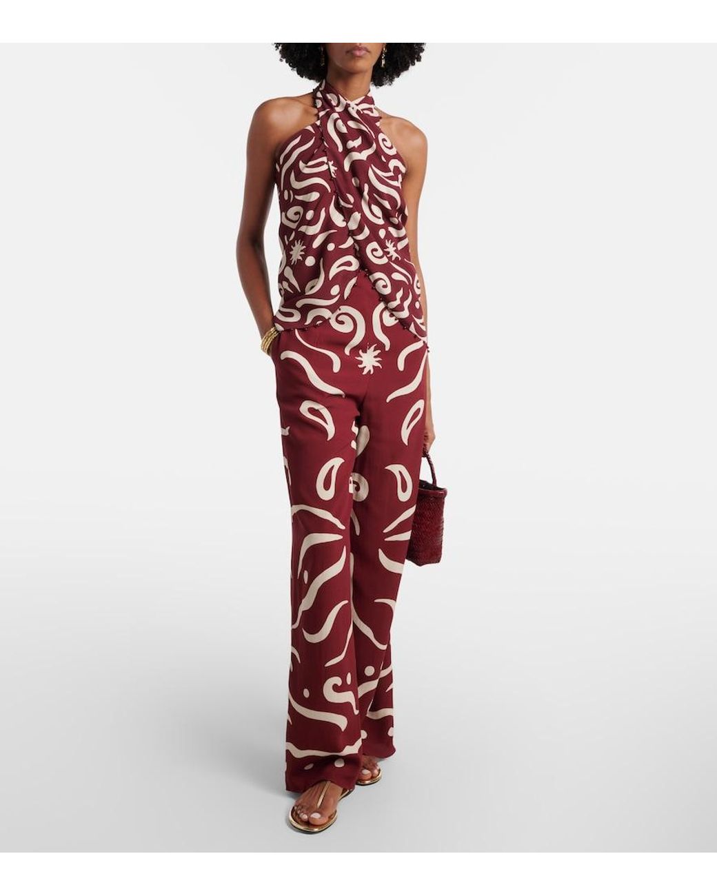 Cala De La Cruz Red Zauma Beaded Printed Top