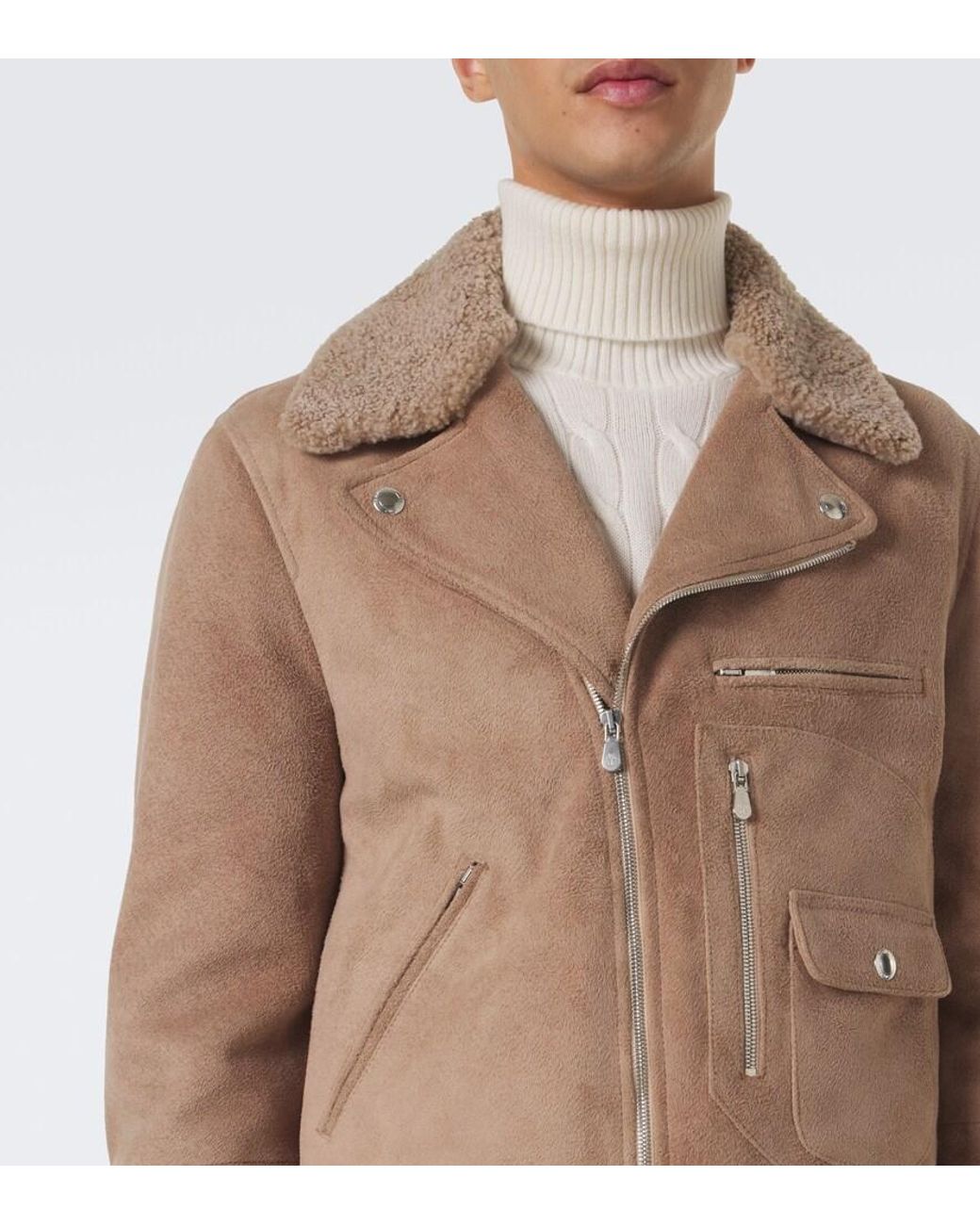 Brunello Cucinelli Natural Shearling-Trimmed Suede Biker for men