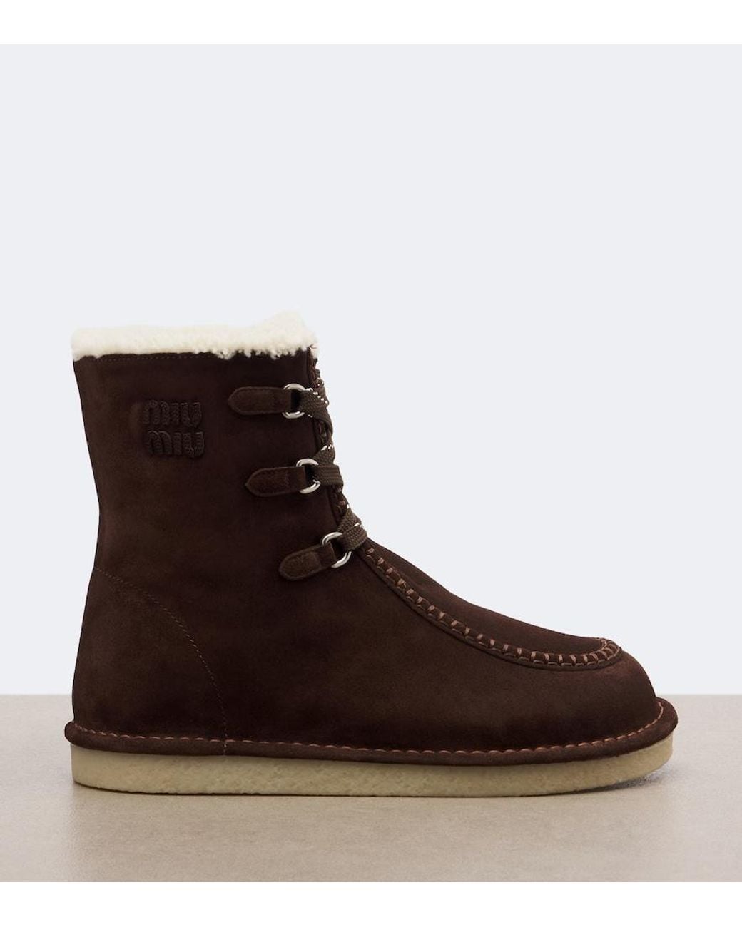 Miu Miu Brown Shearling-Lined Suede Lace-Up Boots