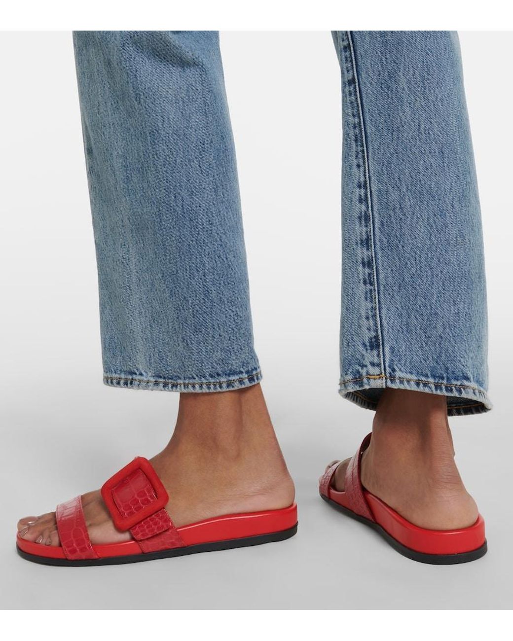 Manolo Blahnik Red Mayfu Croc-Effect Leather Sandals