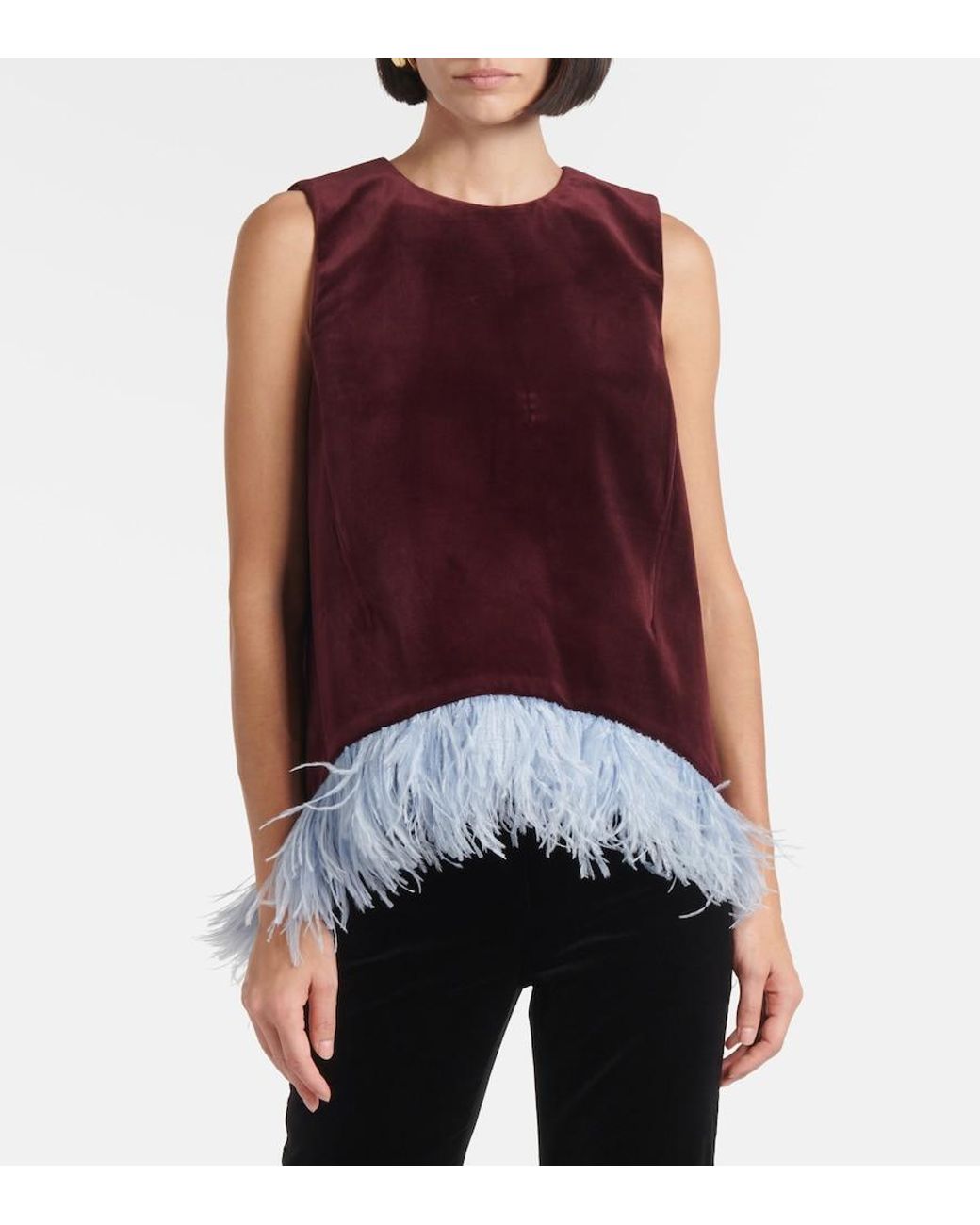 LaDoubleJ Red La Scala Feather-Trimmed Cotton Velvet Top