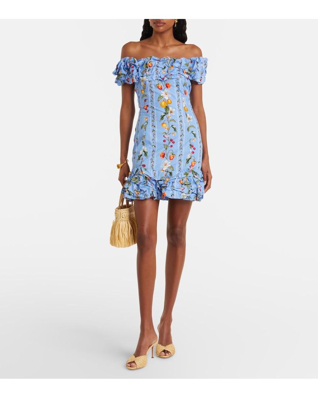 Agua Bendita Blue Jardin Printed Off-Shoulder Cotton Minidress