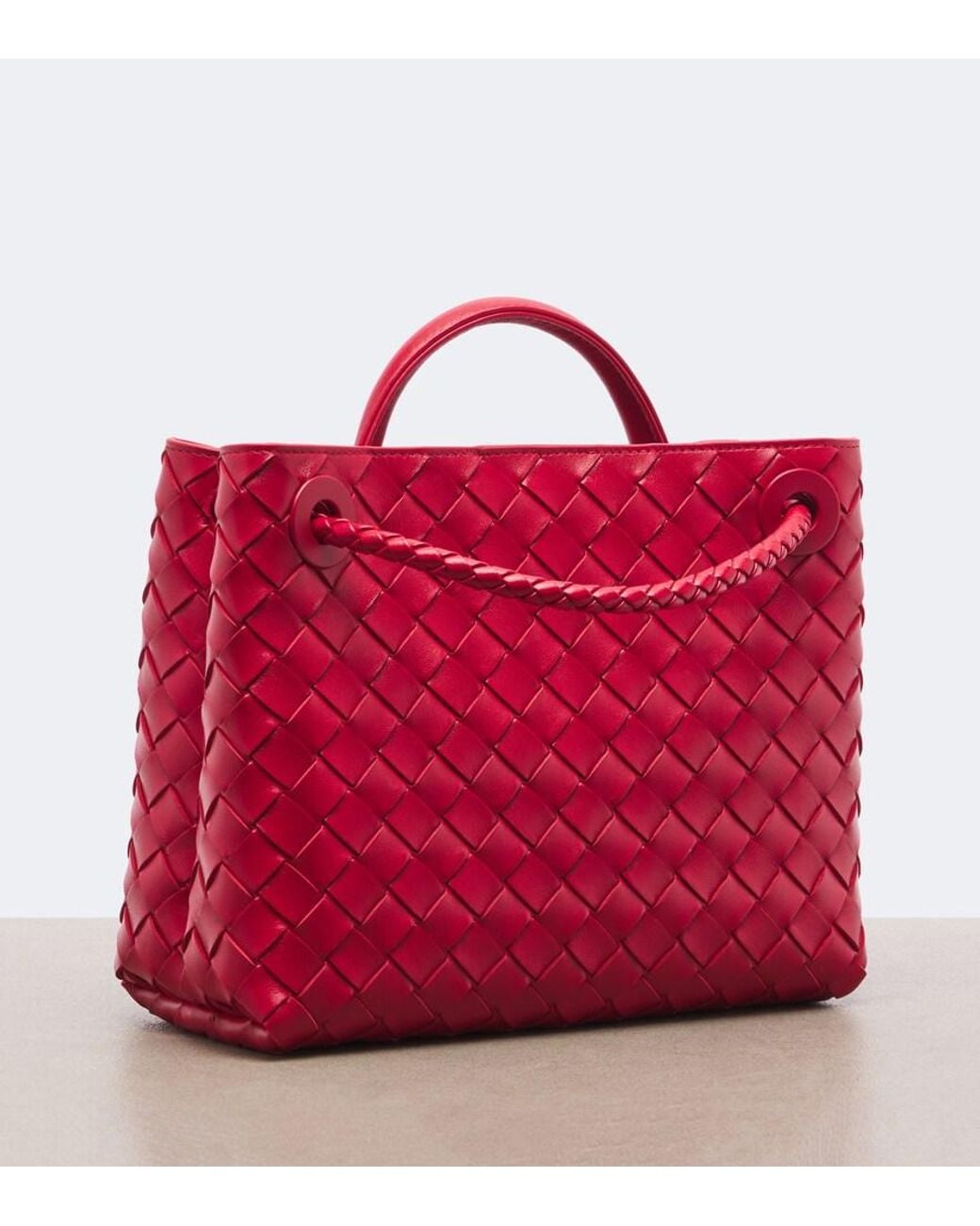 Bottega Veneta Red Andiamo Intrecciato Small Leather Tote Bag