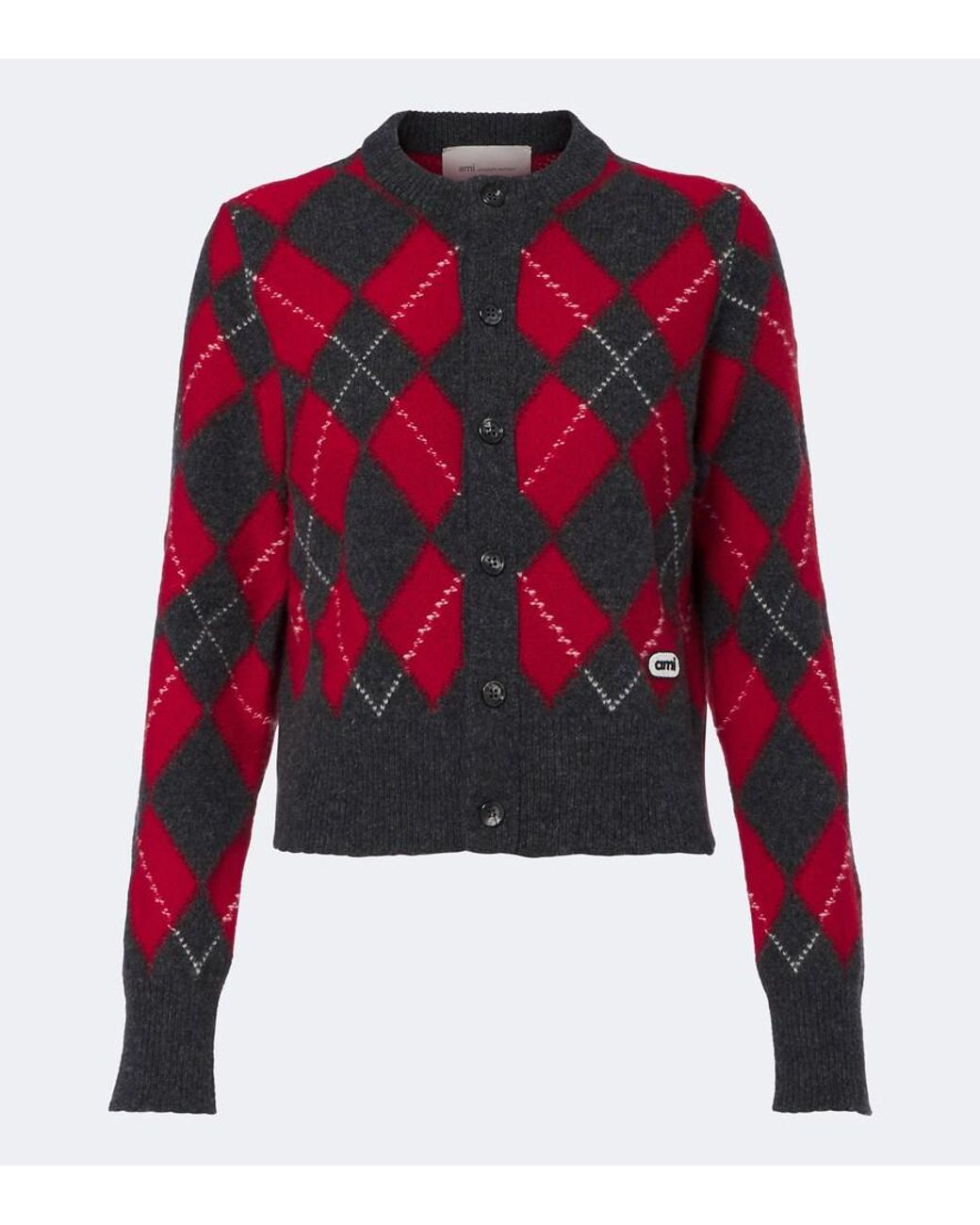 AMI Red Argyle Virgin Wool Cardigan