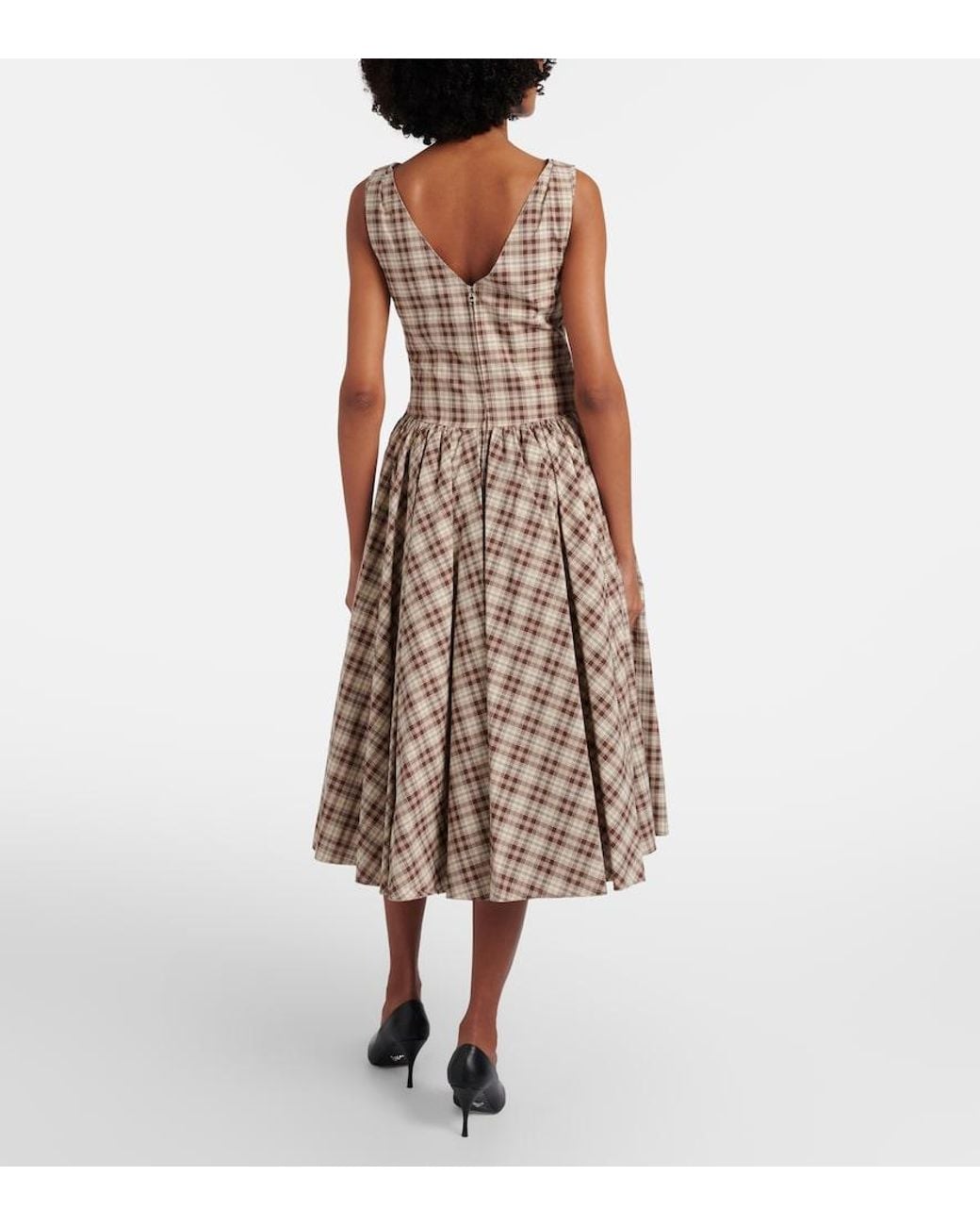 Prada Brown Checked Cotton Poplin Midi Dress