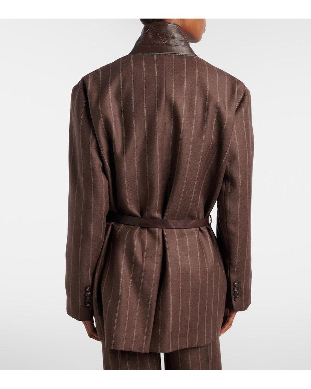 Brunello Cucinelli Brown Belted Pinstriped Virgin Wool Blazer